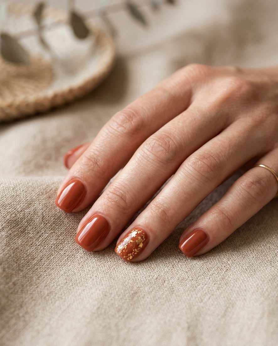 Manicure met terracotta gellak en fijn gouden accent
