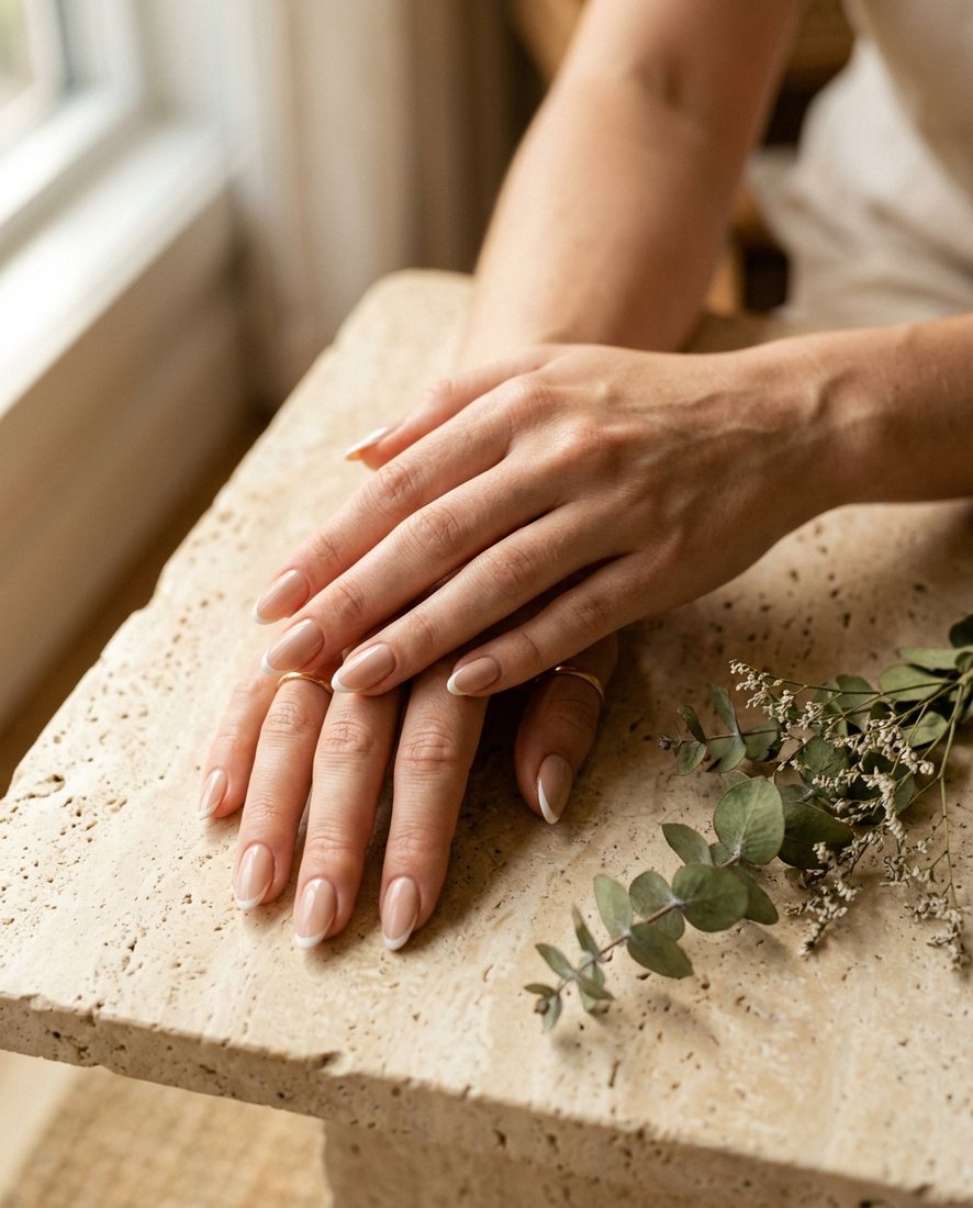 Klassieke French manicure op amandelvormige nagels