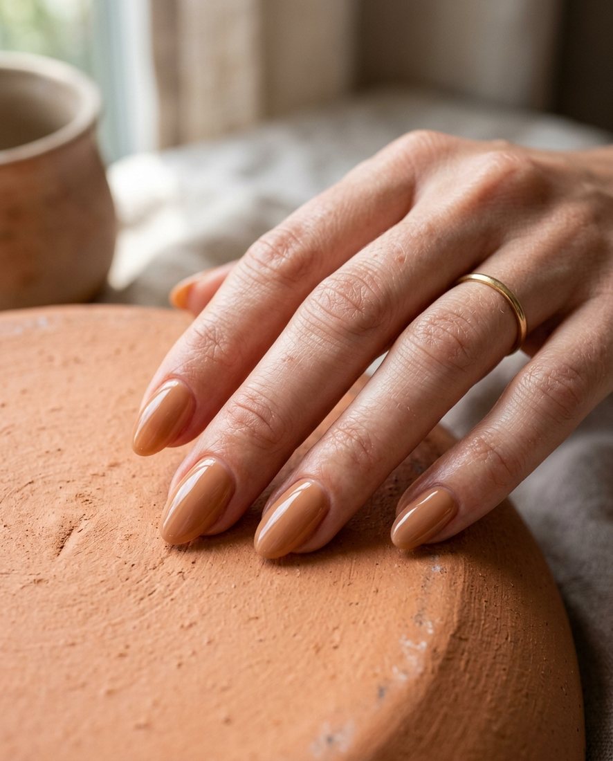Glanzende hard gel manicure in warme tint