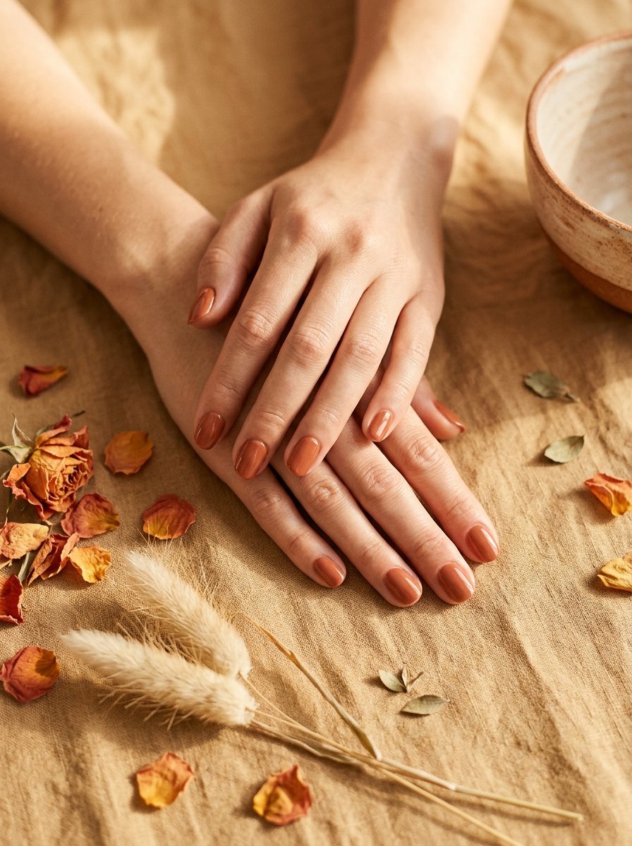 Twee verzorgde handen met een glanzende terracotta manicure op een zonnig linnen oppervlak