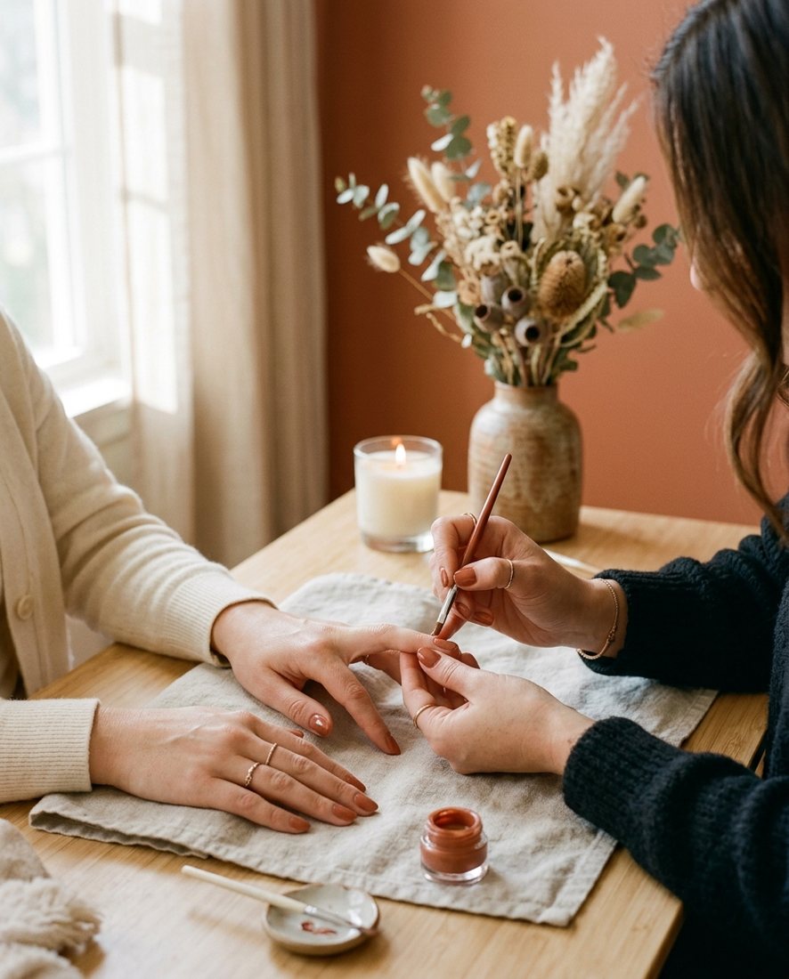 Nagelstyliste brengt met precisie gelpolish aan bij een klant